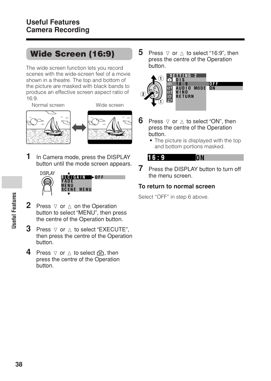 Wide screen (16:9), Useful features camera recording | Sharp VL Z 1 H User Manual | Page 50 / 88