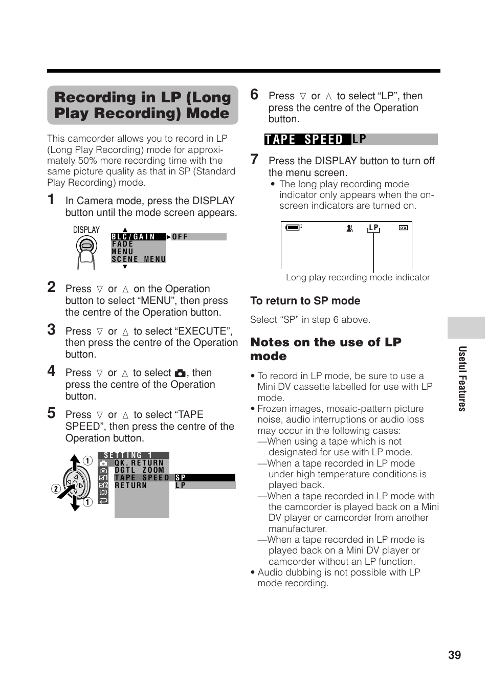 Recording in lp (long play recording) mode, Lp t ap e sp e e d | Sharp VL Z 1 H User Manual | Page 51 / 88
