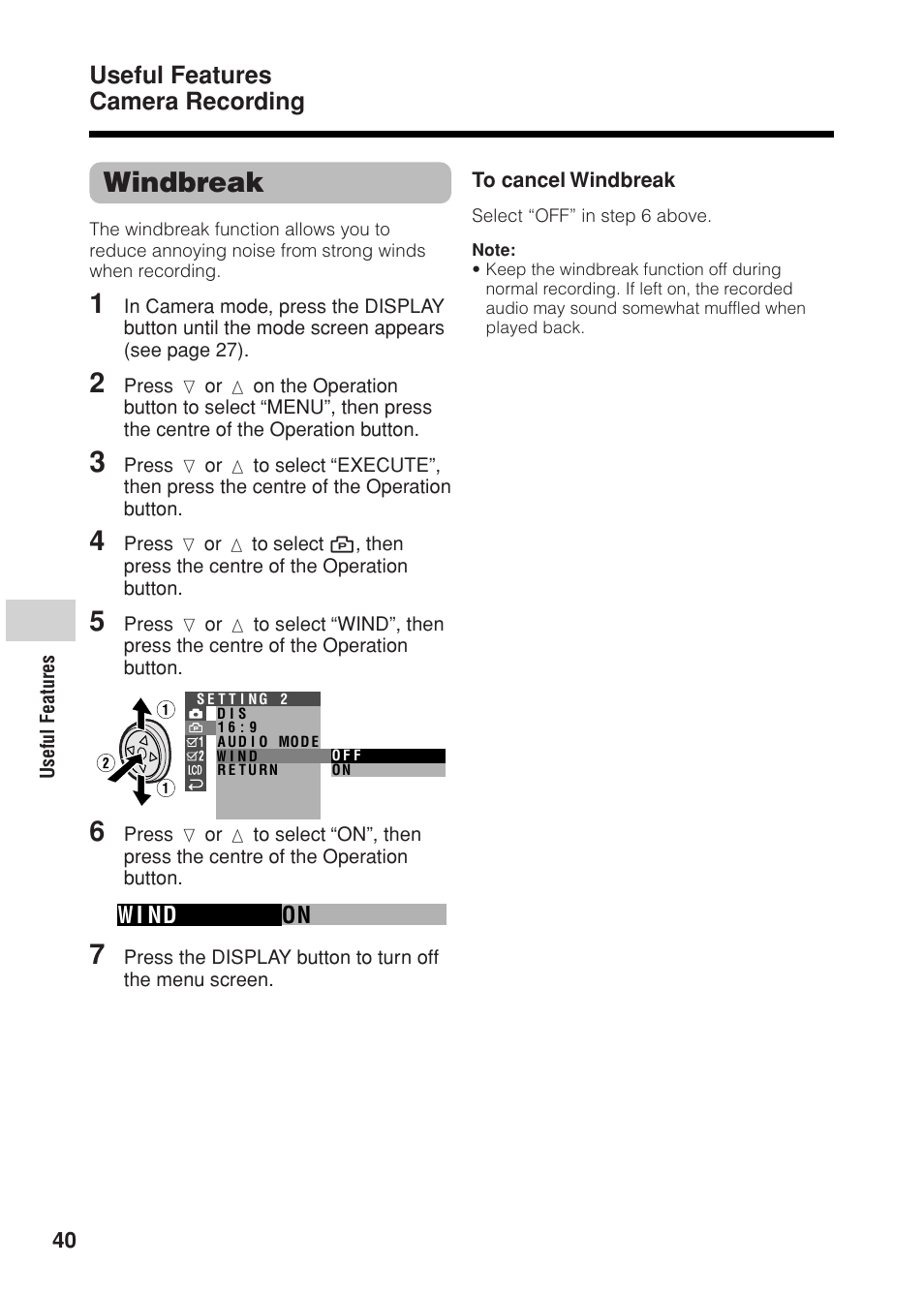 Windbreak, Useful features camera recording | Sharp VL Z 1 H User Manual | Page 52 / 88
