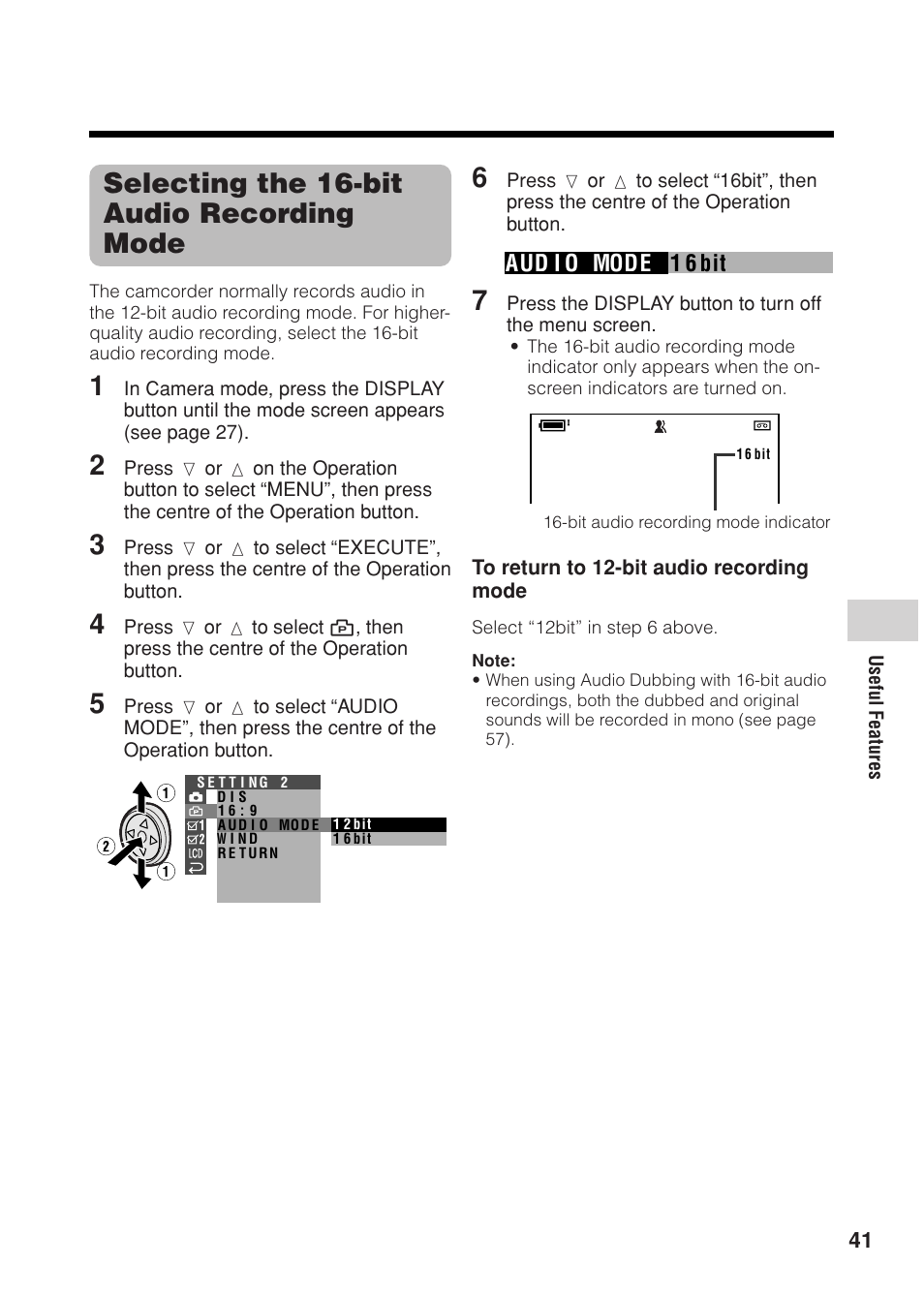 Selecting the 16-bit audio recording mode, 1 6 bit aud i o mode | Sharp VL Z 1 H User Manual | Page 53 / 88