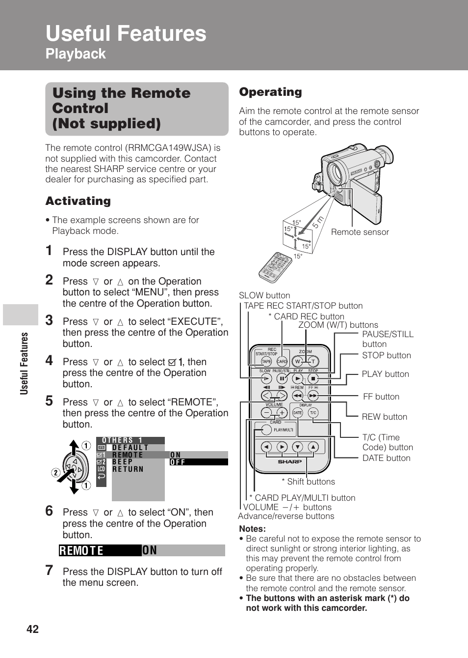 Useful features, Using the remote control (not supplied), Playback | Useful features playback | Sharp VL Z 1 H User Manual | Page 54 / 88