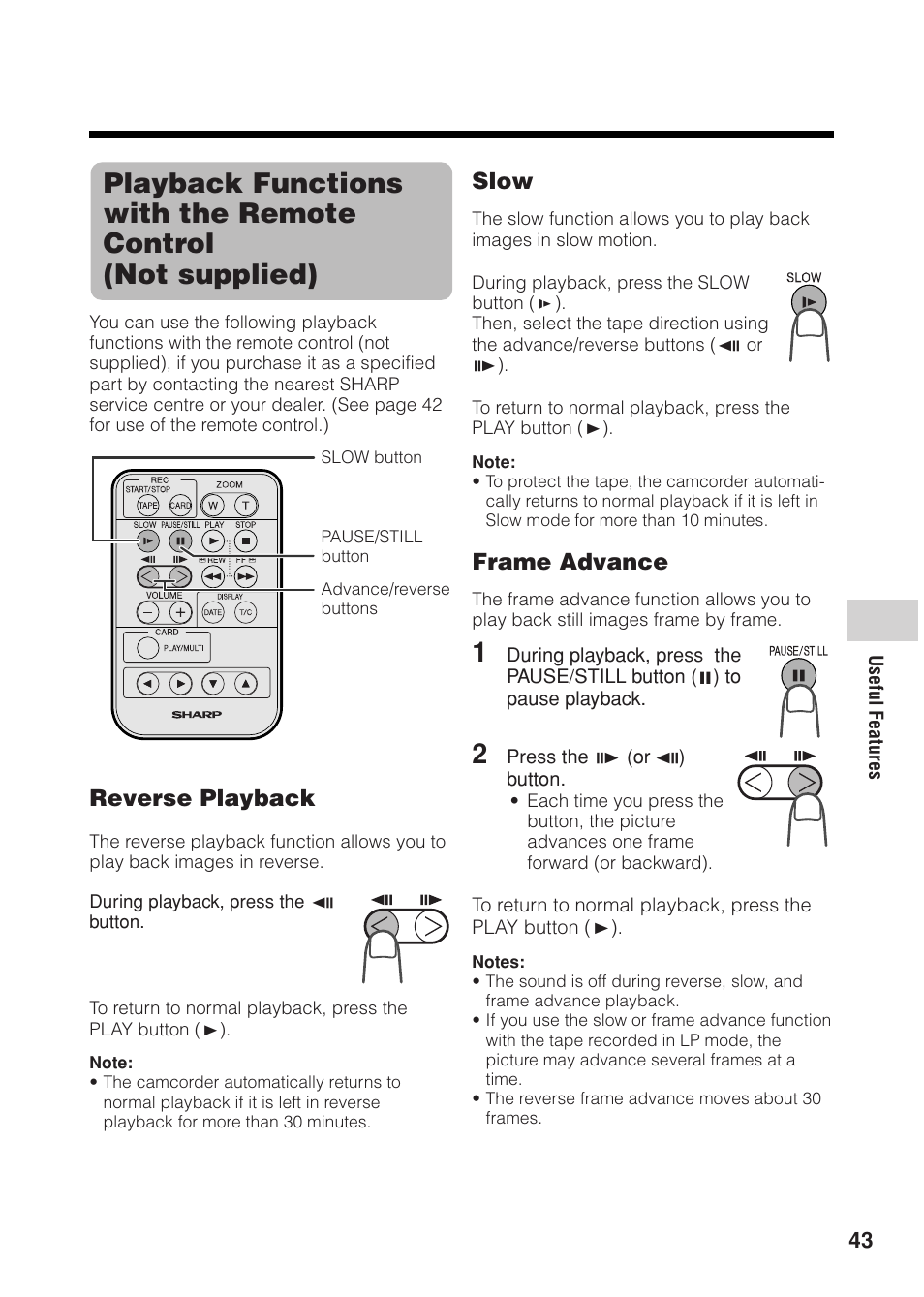 Reverse playback, Slow, Frame advance | Sharp VL Z 1 H User Manual | Page 55 / 88