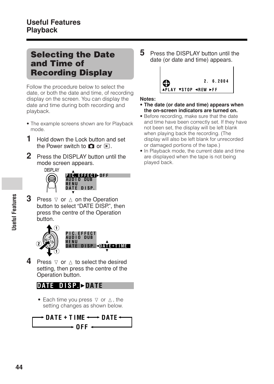 Selecting the date and time of recording display, Useful features playback | Sharp VL Z 1 H User Manual | Page 56 / 88
