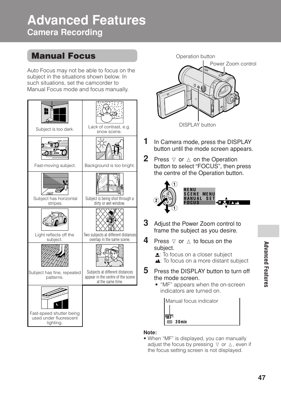 Advanced features, Manual focus, Camera recording 1 | Sharp VL Z 1 H User Manual | Page 59 / 88