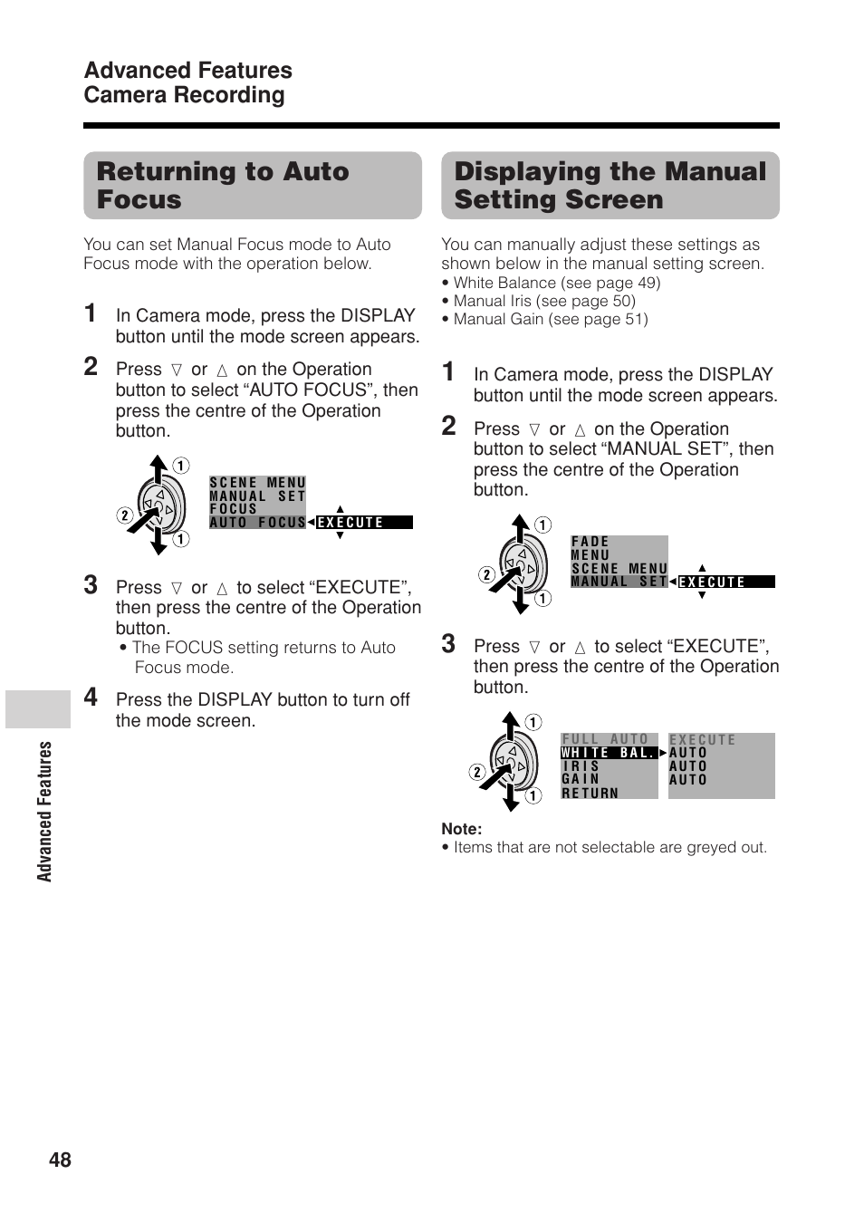 Displaying the manual setting screen, Returning to auto focus, Advanced features camera recording | Sharp VL Z 1 H User Manual | Page 60 / 88