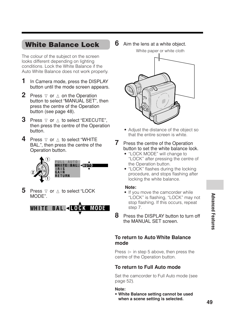 White balance lock | Sharp VL Z 1 H User Manual | Page 61 / 88