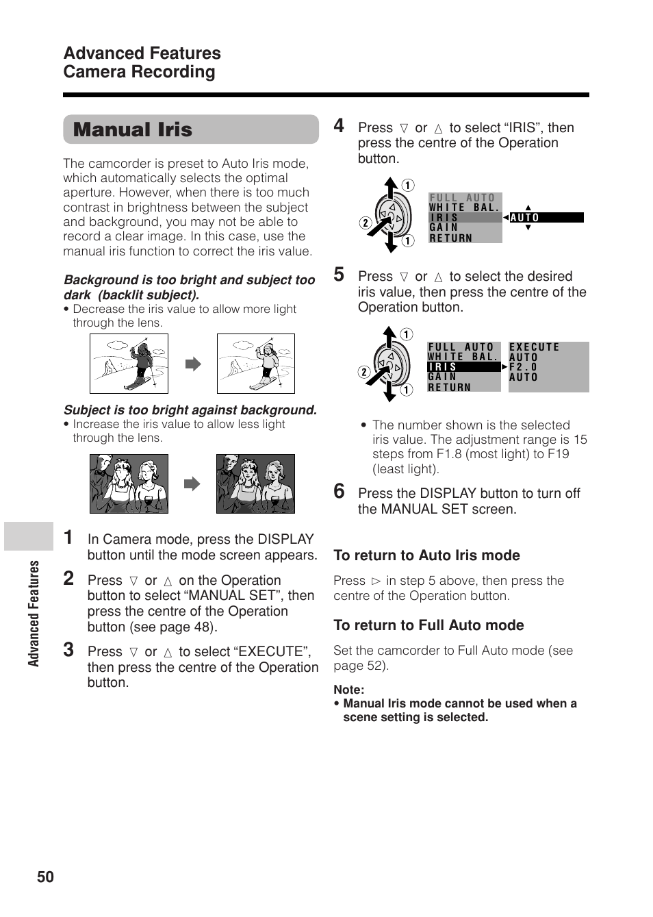Manual iris, Advanced features camera recording | Sharp VL Z 1 H User Manual | Page 62 / 88