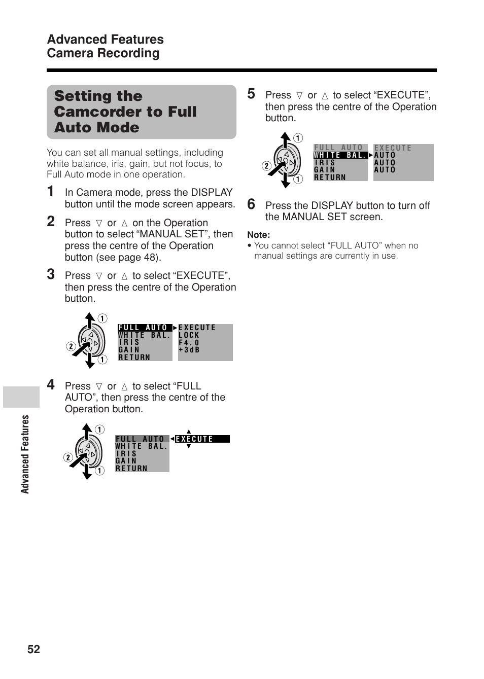 Setting the camcorder to full auto mode, Advanced features camera recording | Sharp VL Z 1 H User Manual | Page 64 / 88