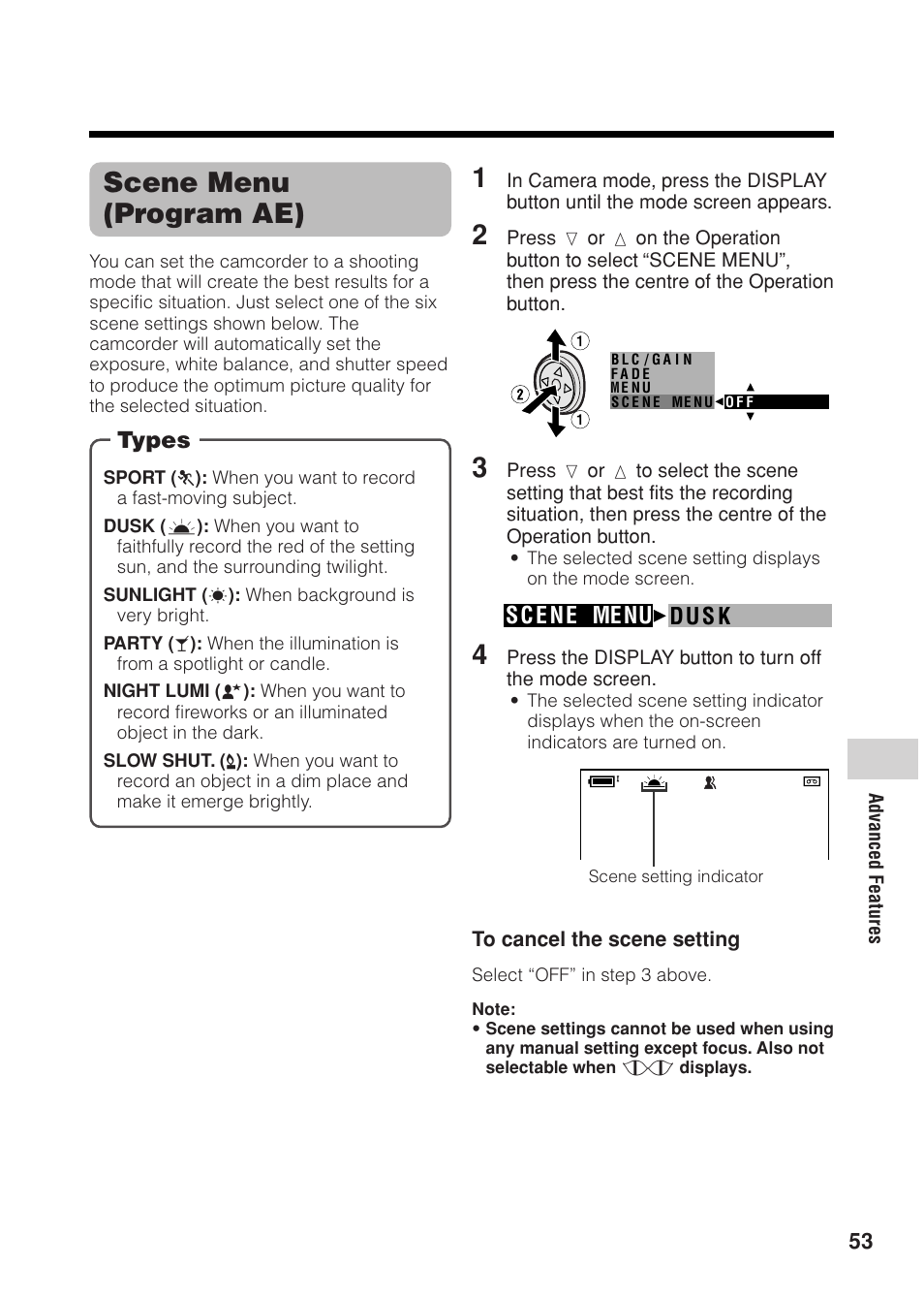 Scene menu (program ae), Types, Du s k sc e ne menu | Sharp VL Z 1 H User Manual | Page 65 / 88