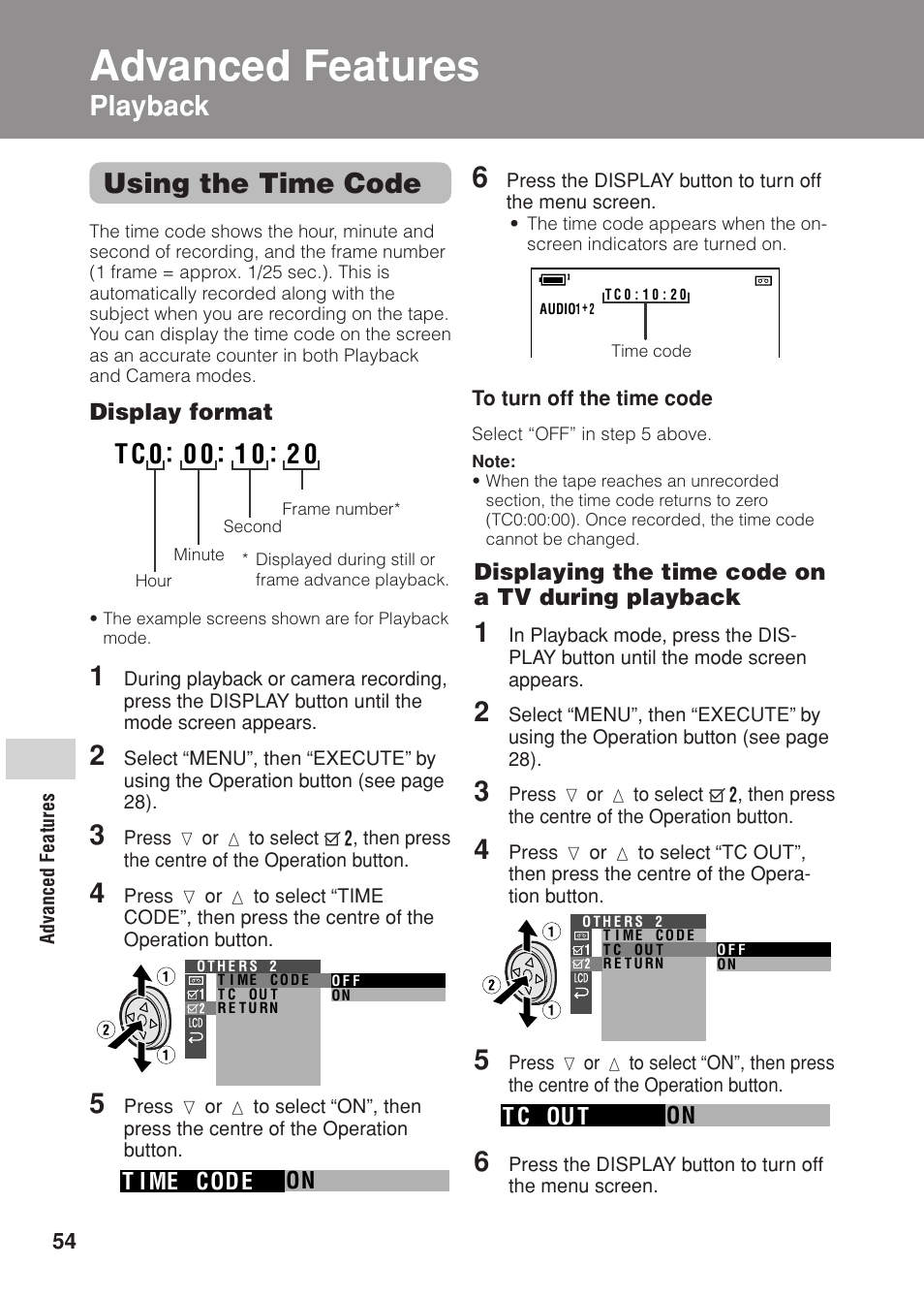 Advanced features, Using the time code, Playback | Advanced features playback | Sharp VL Z 1 H User Manual | Page 66 / 88