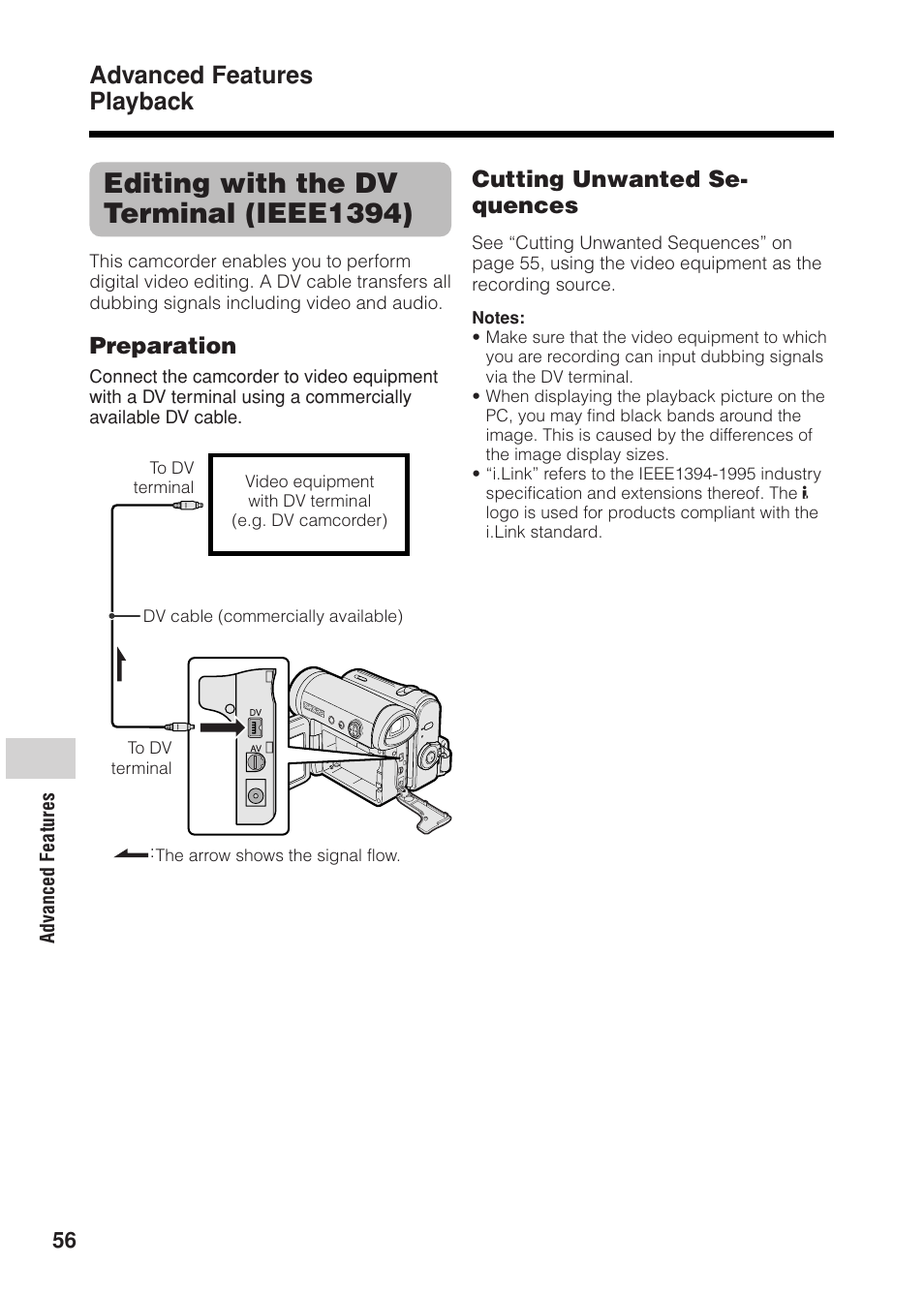 Editing with the dv terminal (ieee1394), Advanced features playback, Preparation | Cutting unwanted se- quences | Sharp VL Z 1 H User Manual | Page 68 / 88