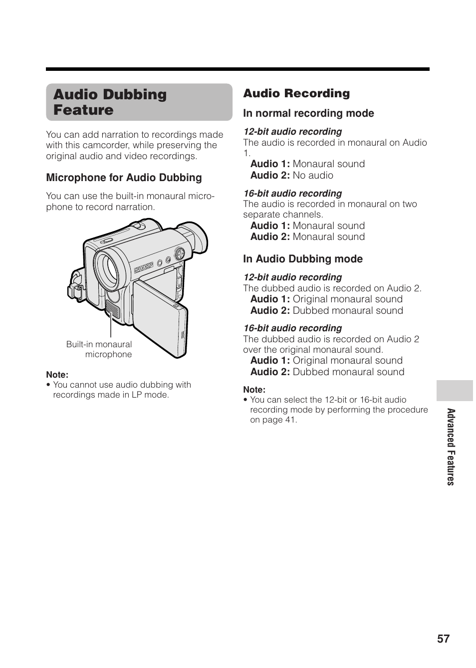 Audio dubbing feature, Audio recording | Sharp VL Z 1 H User Manual | Page 69 / 88