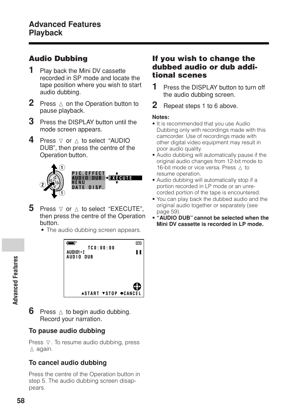 Advanced features playback, Audio dubbing | Sharp VL Z 1 H User Manual | Page 70 / 88
