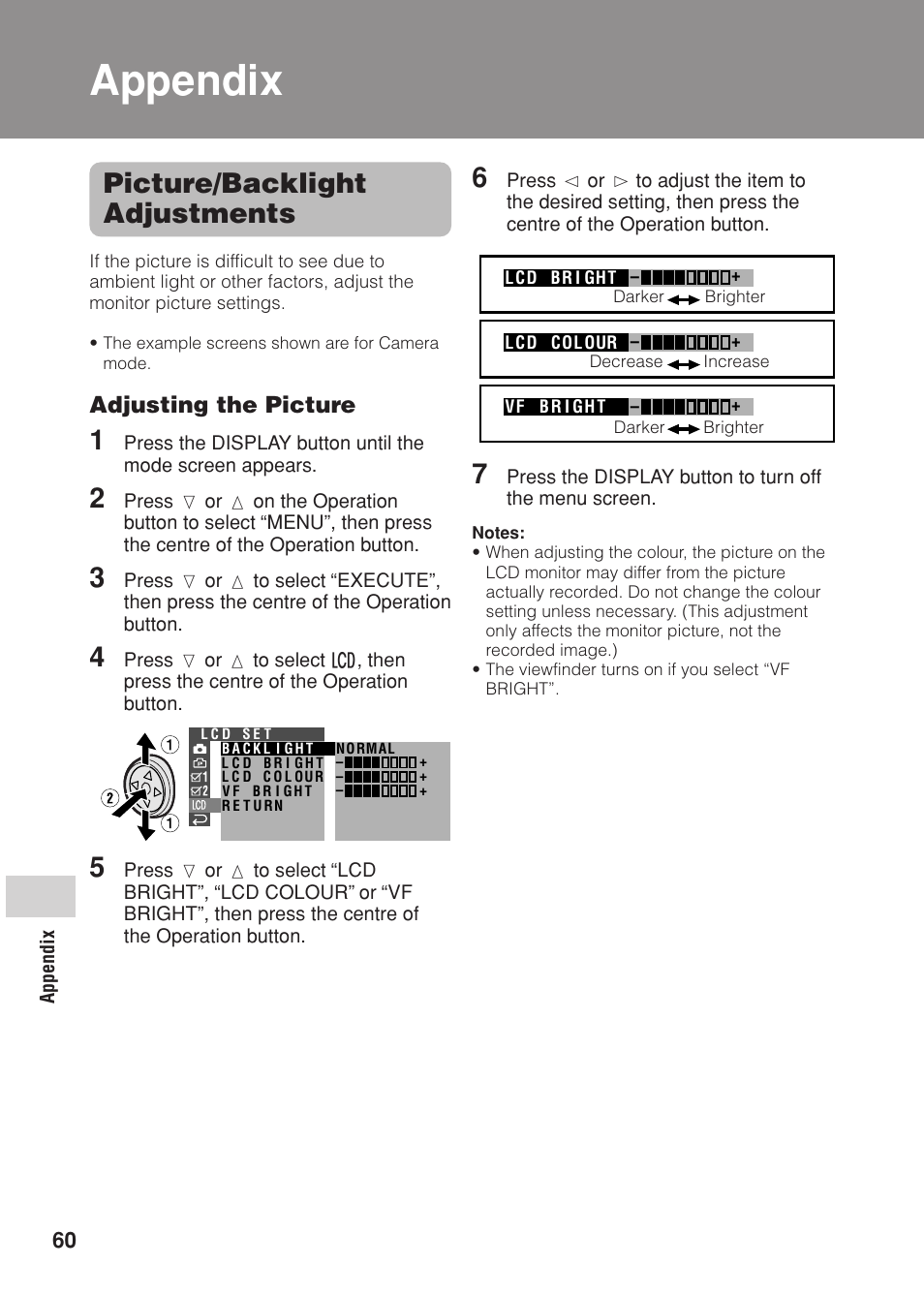 Picture/backlight adjustments, Appendix | Sharp VL Z 1 H User Manual | Page 72 / 88