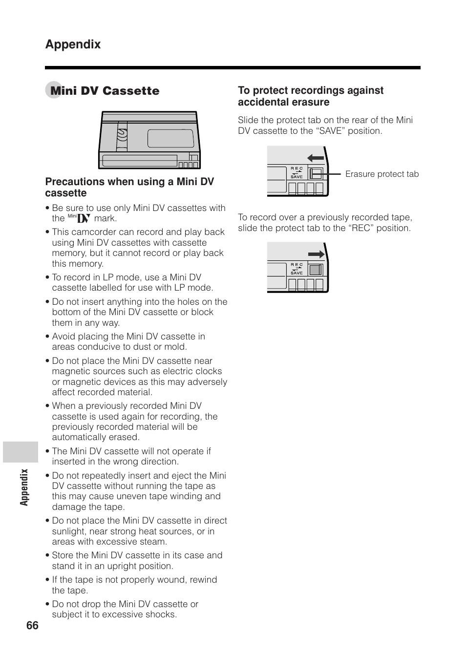 Appendix, Mini dv cassette | Sharp VL Z 1 H User Manual | Page 78 / 88