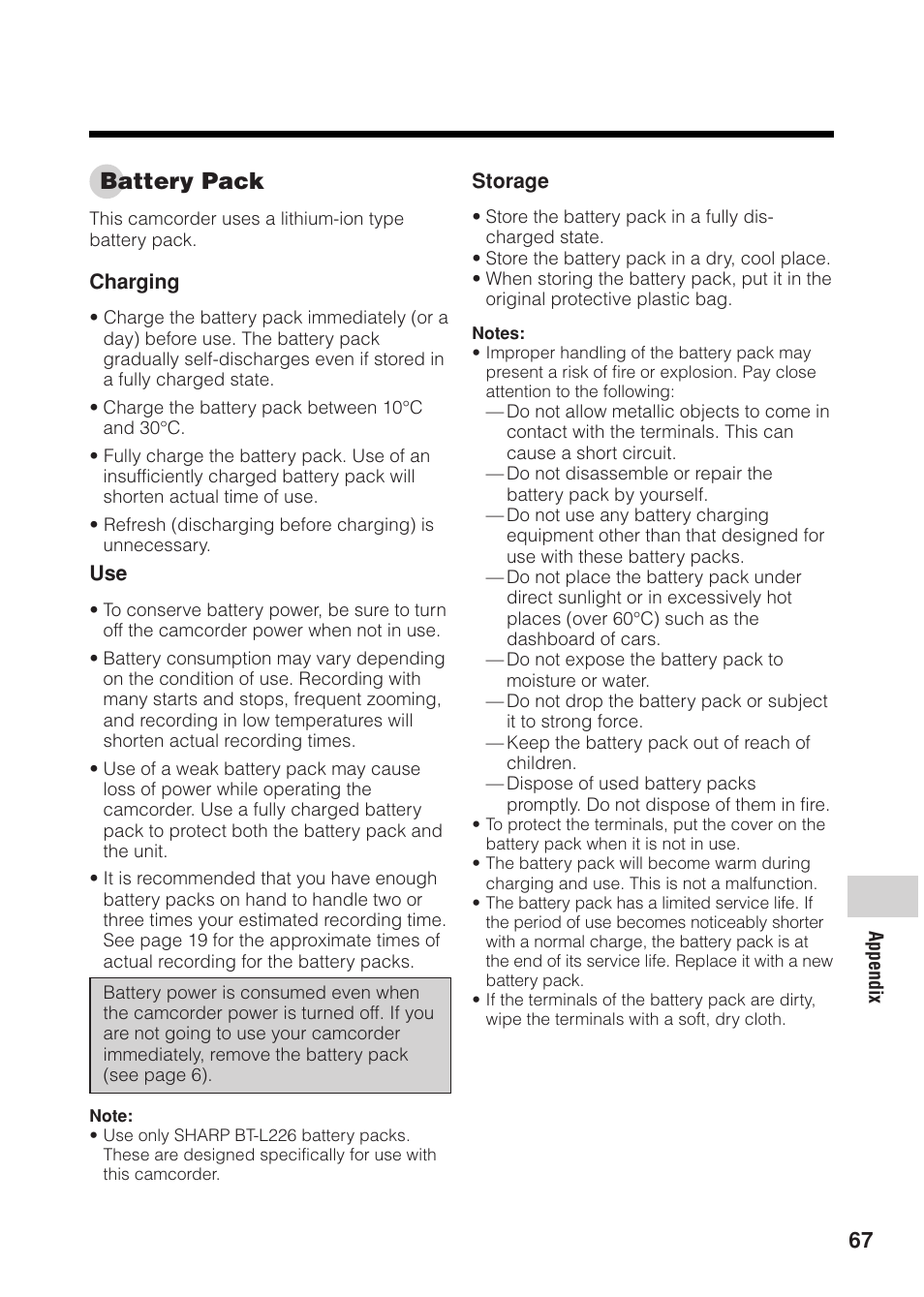 Battery pack | Sharp VL Z 1 H User Manual | Page 79 / 88