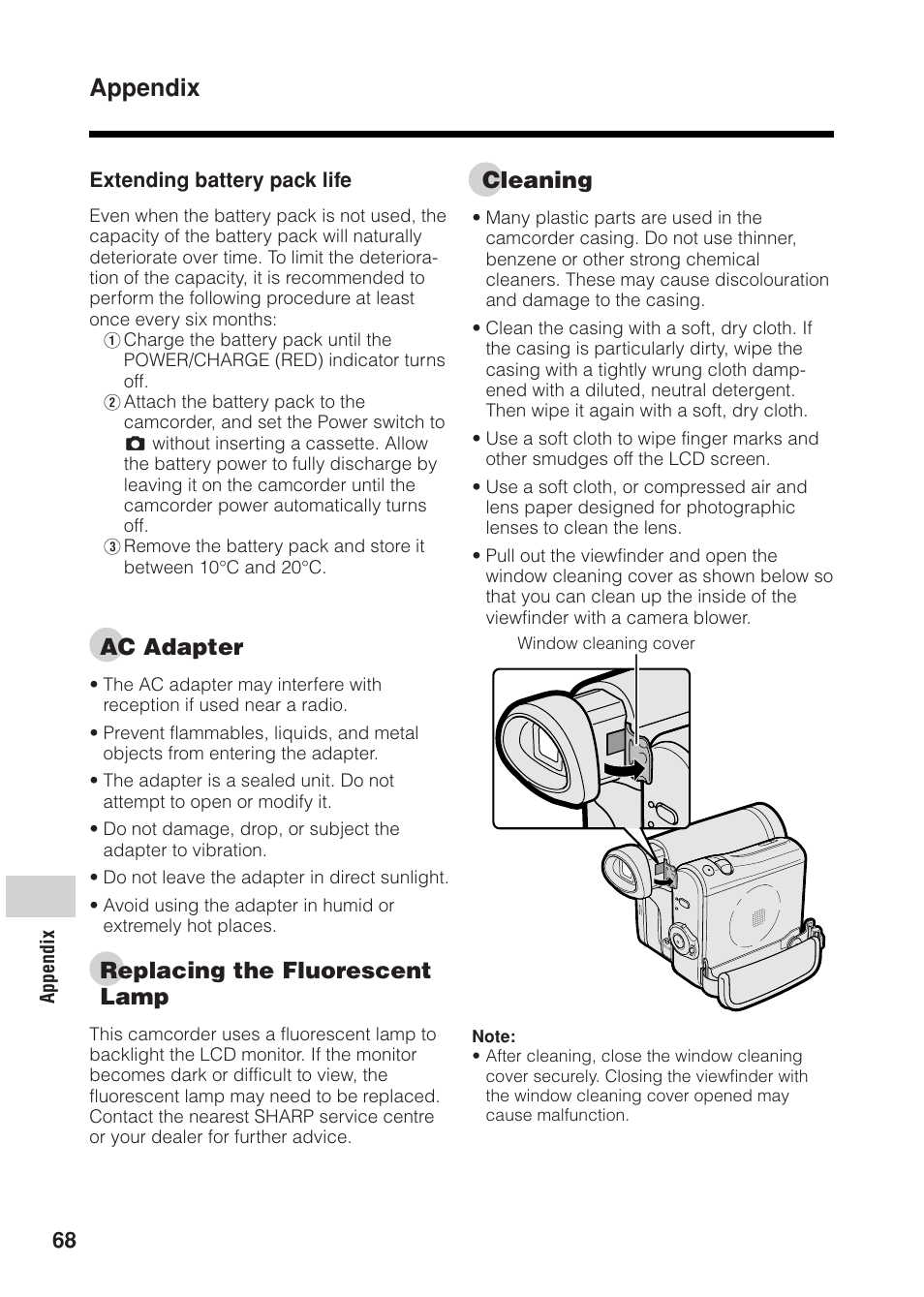 Appendix, Ac adapter, Replacing the fluorescent lamp | Cleaning | Sharp VL Z 1 H User Manual | Page 80 / 88