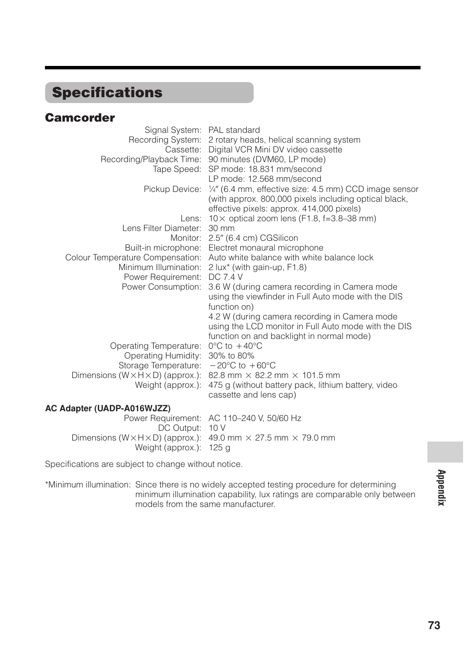 Specifications, Camcorder | Sharp VL Z 1 H User Manual | Page 85 / 88