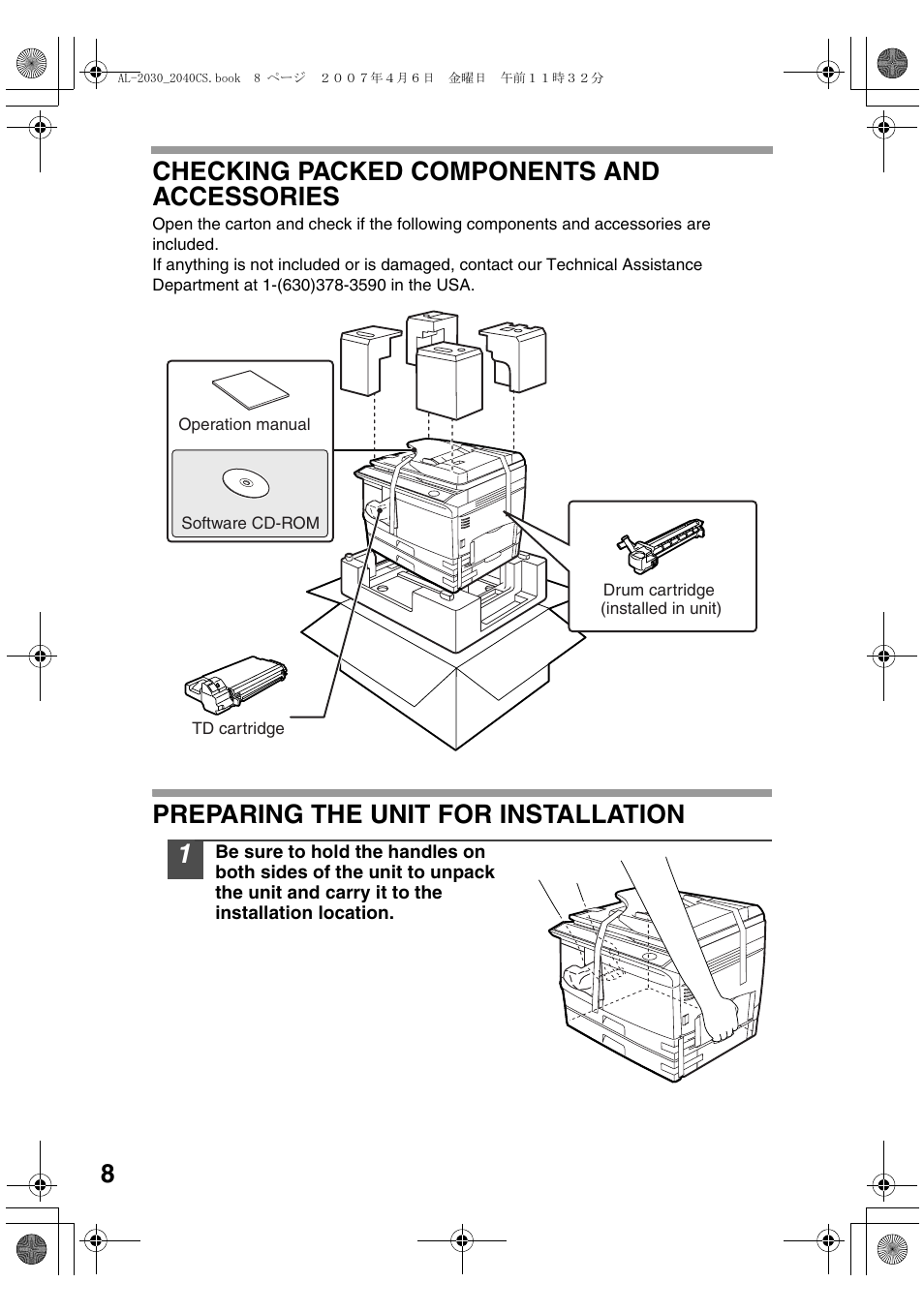 8checking packed components and accessories, Preparing the unit for installation | Sharp AL-2030 User Manual | Page 10 / 92