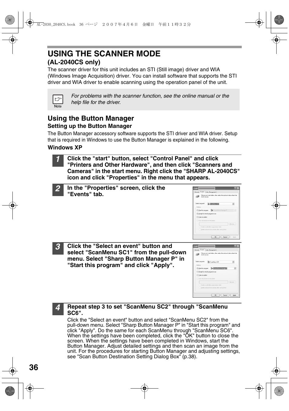 36 using the scanner mode | Sharp AL-2030 User Manual | Page 38 / 92