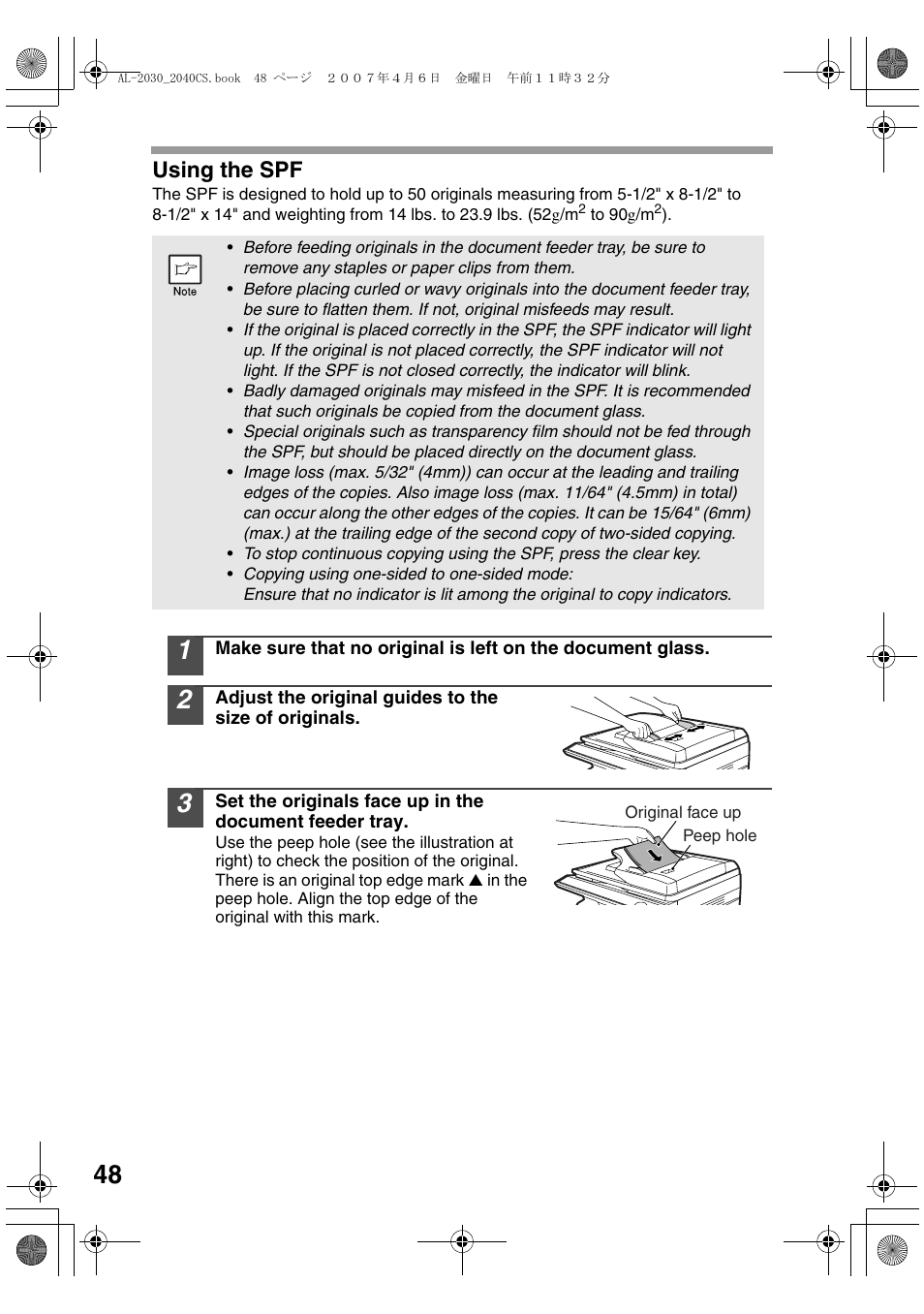Using the spf | Sharp AL-2030 User Manual | Page 50 / 92