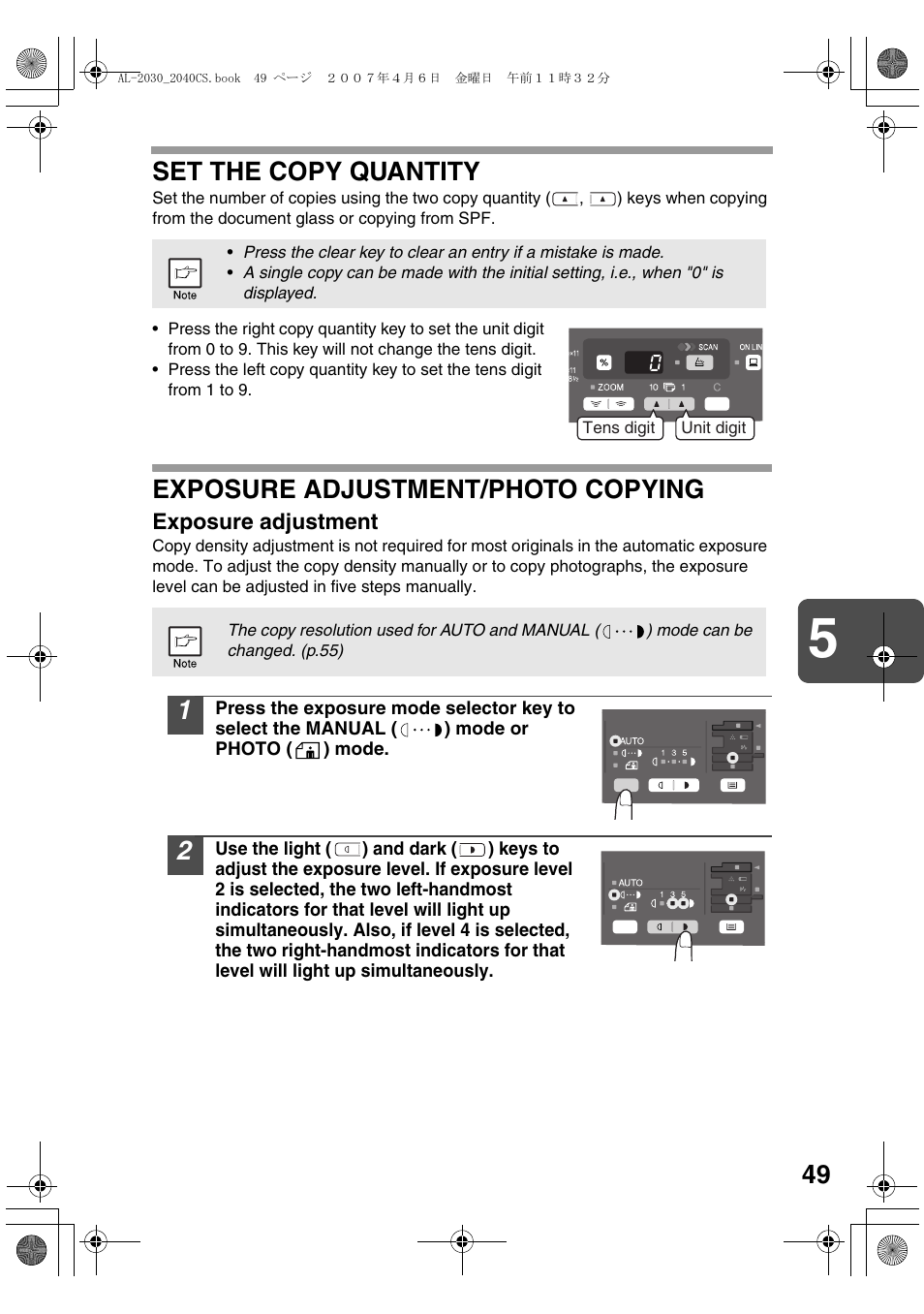 Set the copy quantity, Exposure adjustment/photo copying | Sharp AL-2030 User Manual | Page 51 / 92