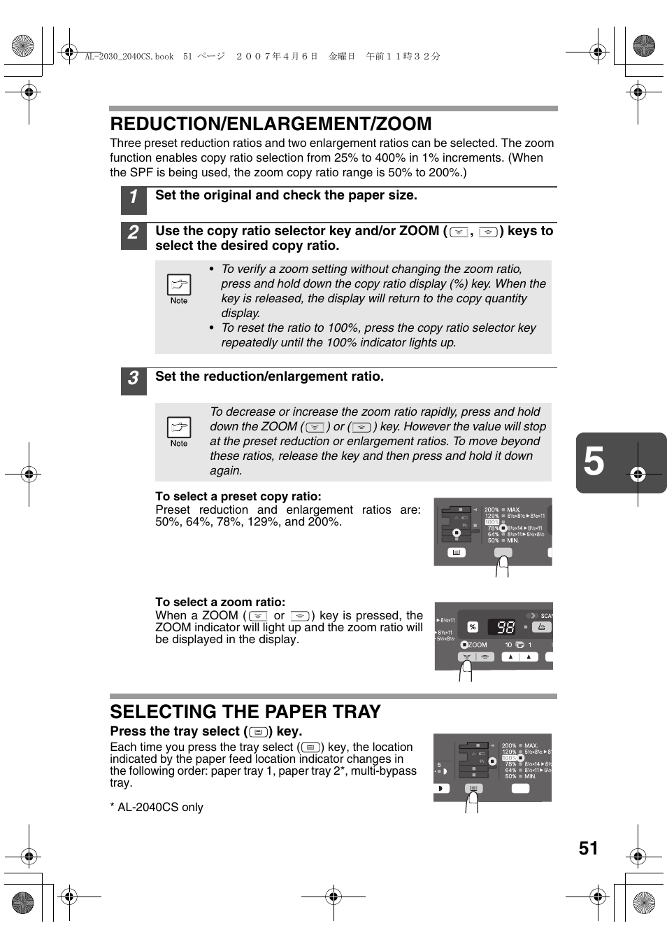 Reduction/enlargement/zoom, Selecting the paper tray | Sharp AL-2030 User Manual | Page 53 / 92