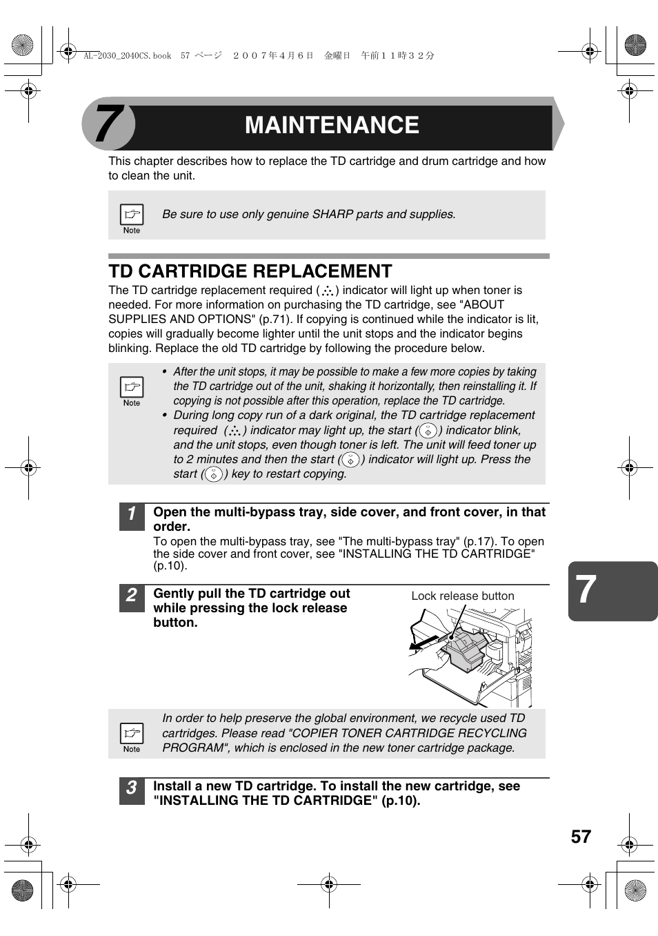 Maintenance, Td cartridge replacement | Sharp AL-2030 User Manual | Page 59 / 92