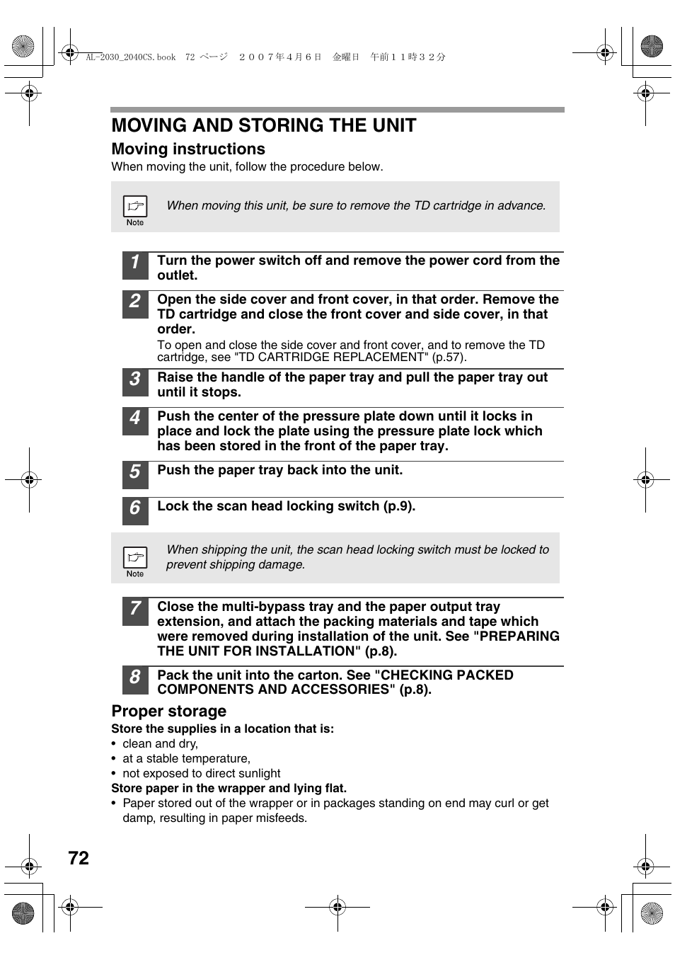 72 moving and storing the unit | Sharp AL-2030 User Manual | Page 74 / 92