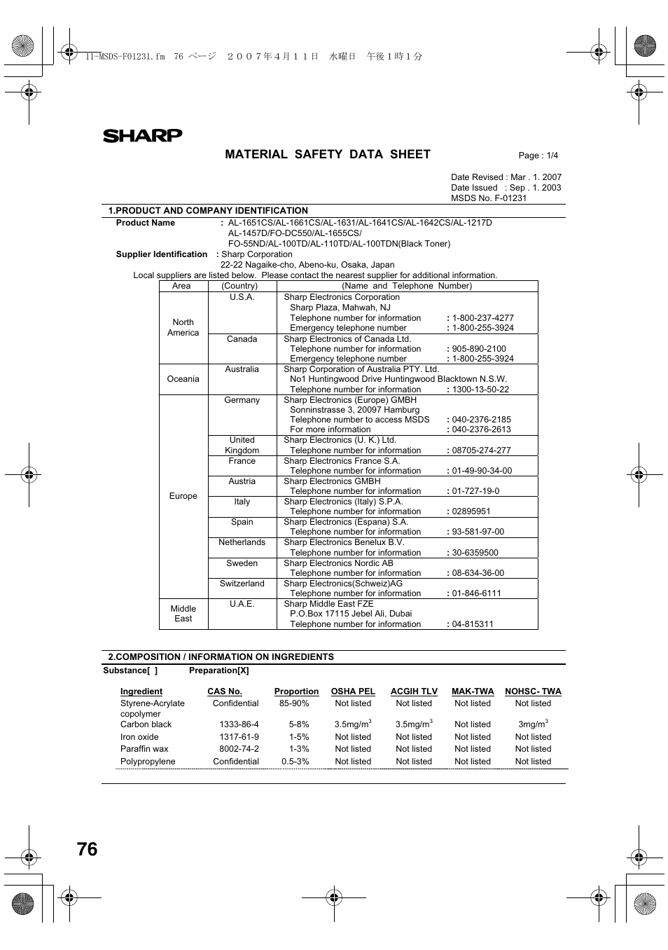 Material safety data sheet | Sharp AL-2030 User Manual | Page 78 / 92