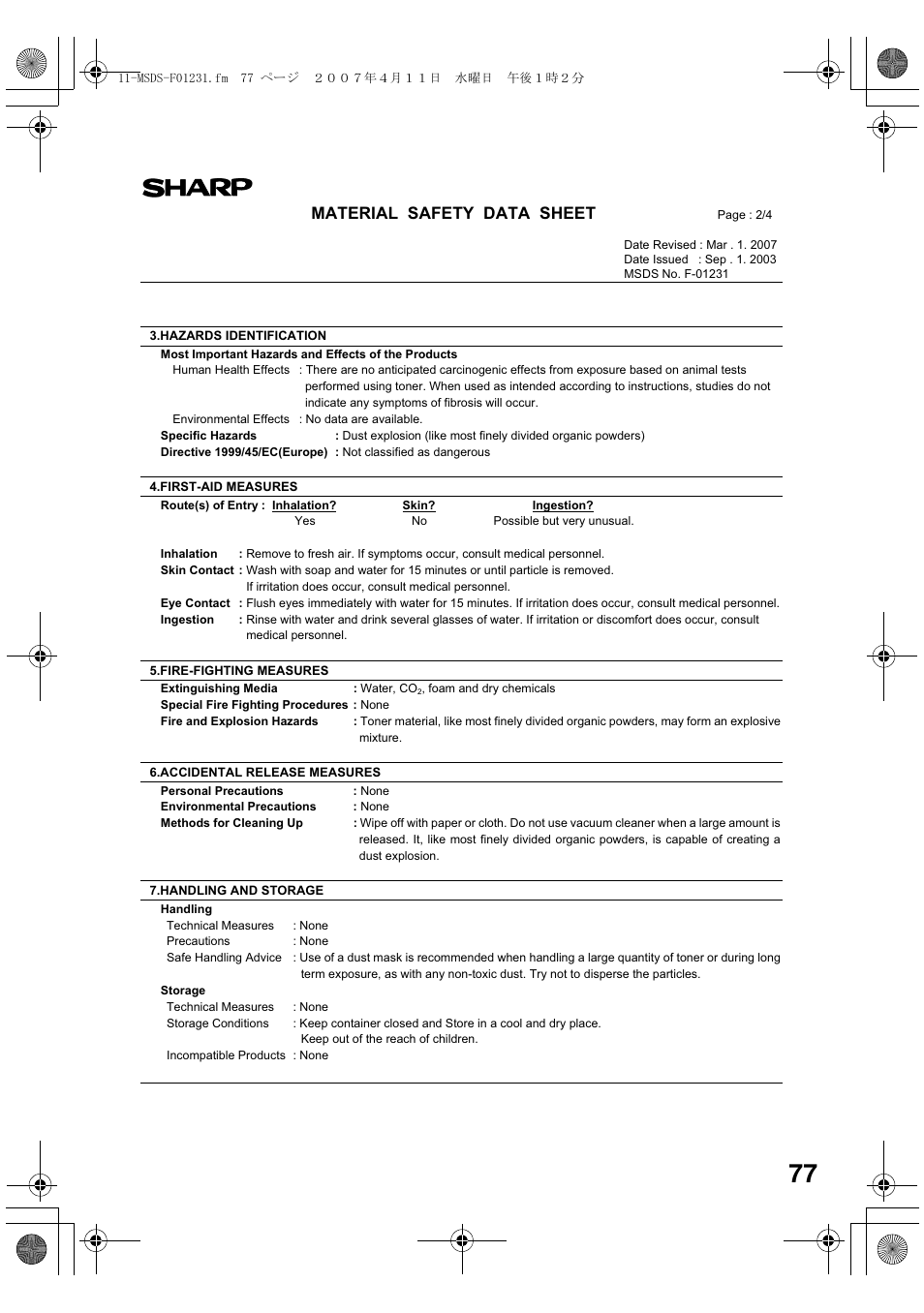 Material safety data sheet | Sharp AL-2030 User Manual | Page 79 / 92