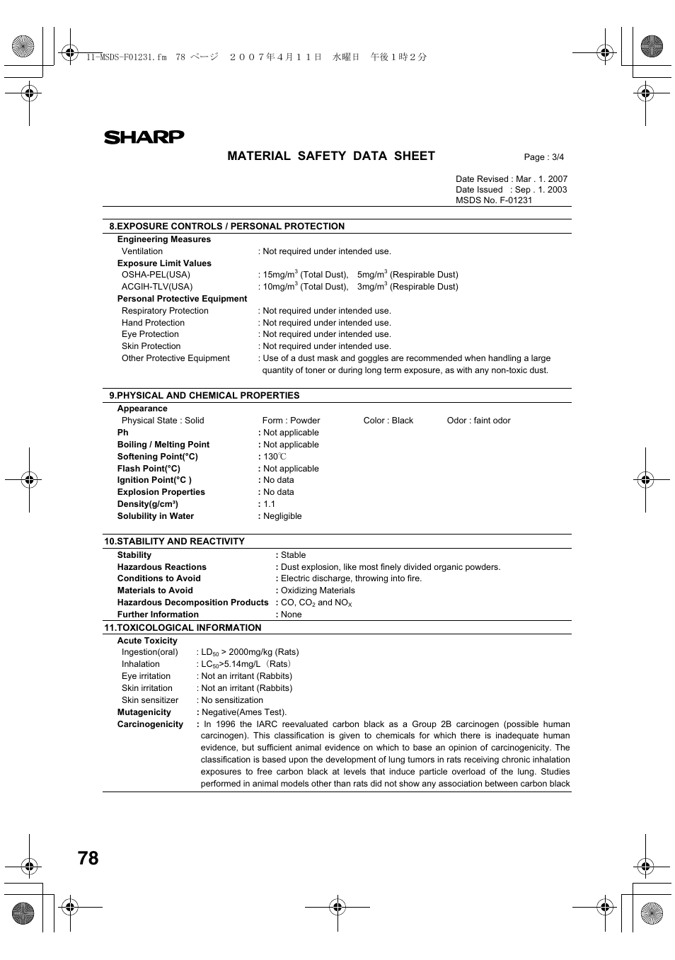 Material safety data sheet | Sharp AL-2030 User Manual | Page 80 / 92