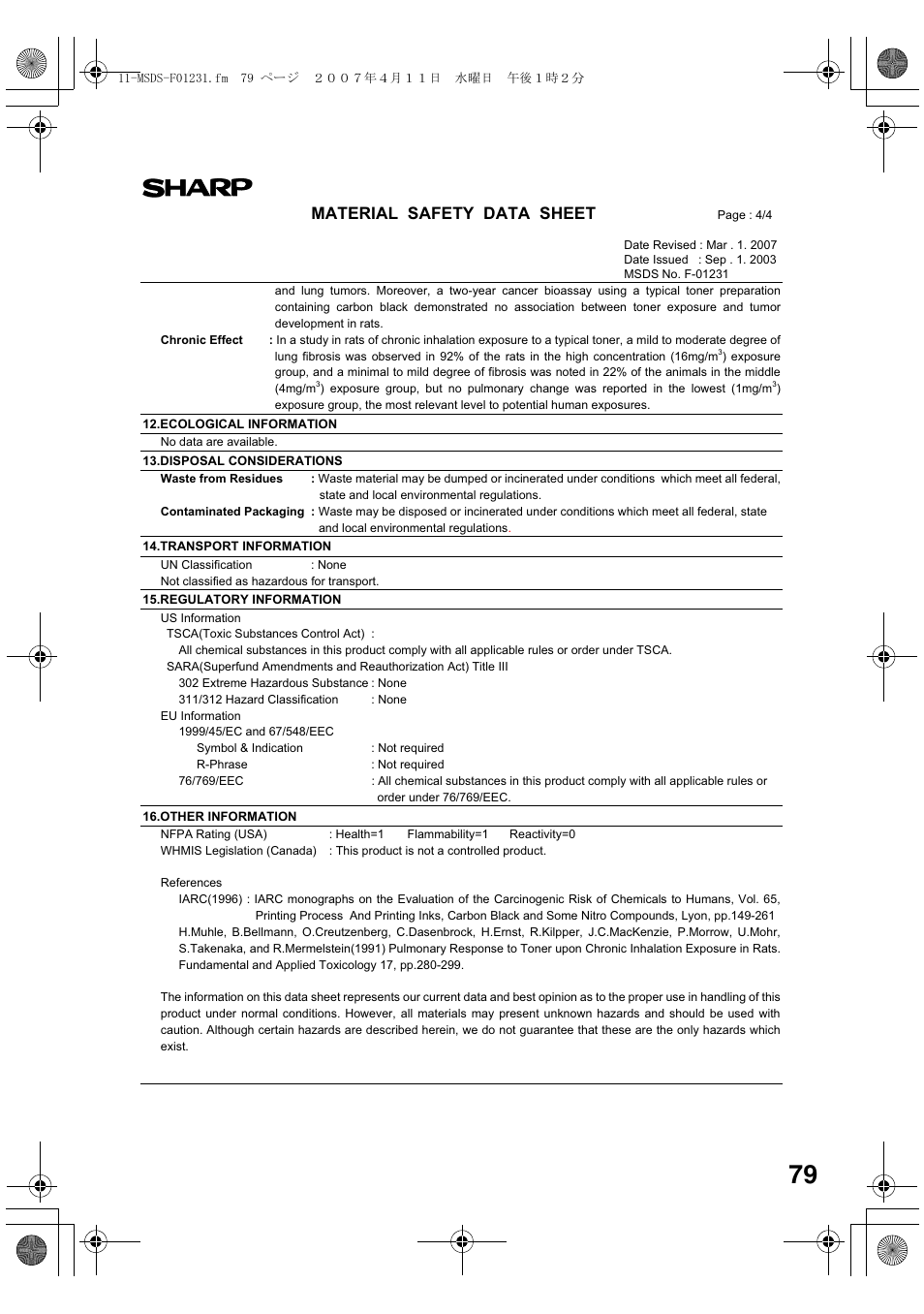 Material safety data sheet | Sharp AL-2030 User Manual | Page 81 / 92
