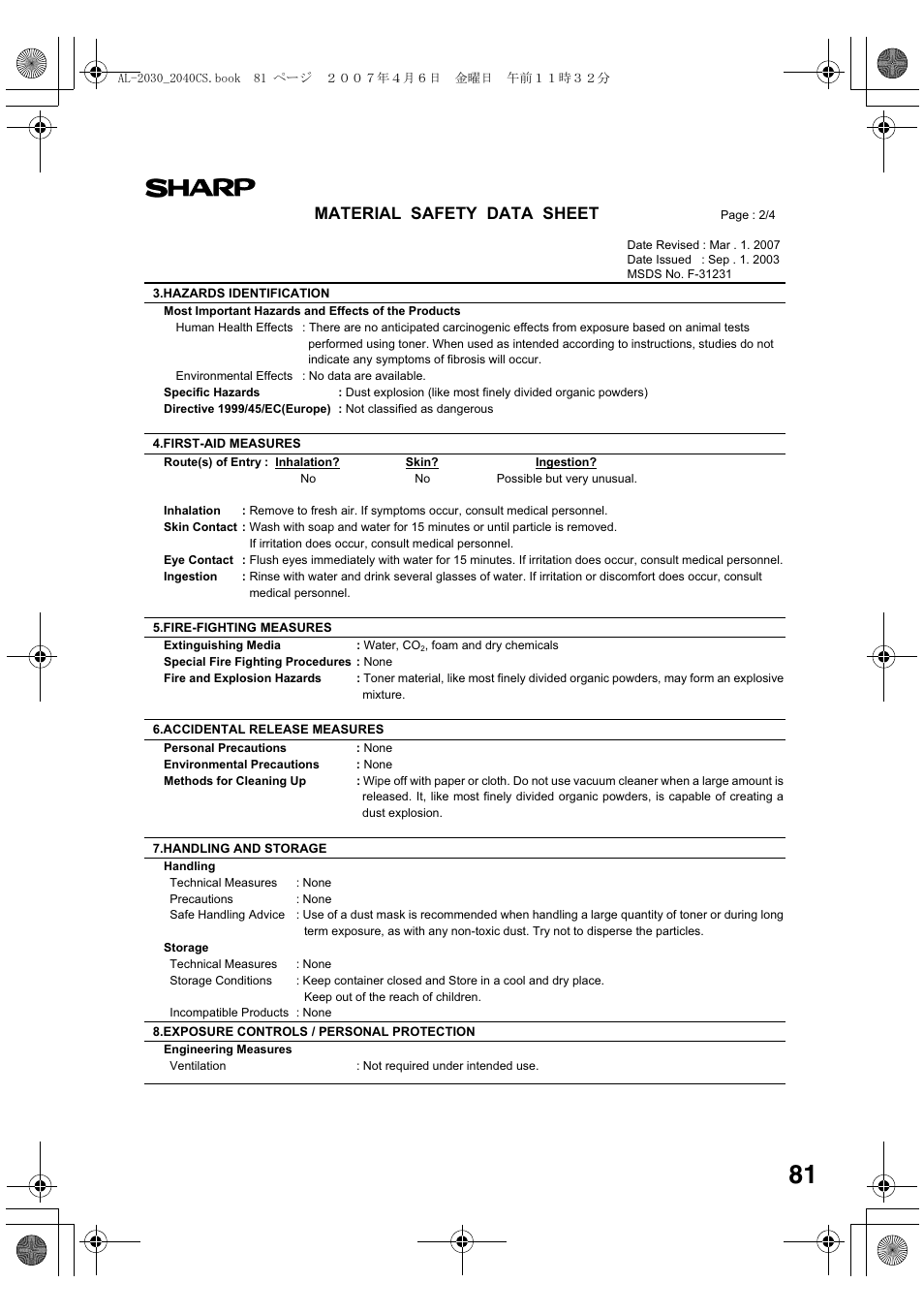 Material safety data sheet | Sharp AL-2030 User Manual | Page 83 / 92