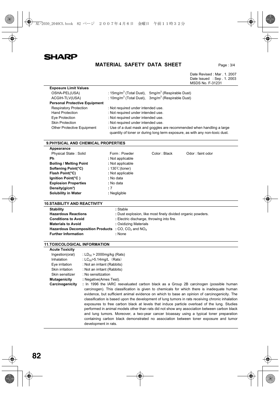 Material safety data sheet | Sharp AL-2030 User Manual | Page 84 / 92