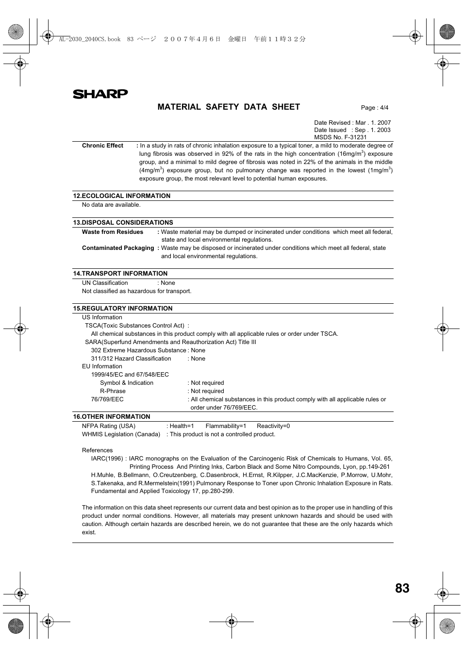 Material safety data sheet | Sharp AL-2030 User Manual | Page 85 / 92