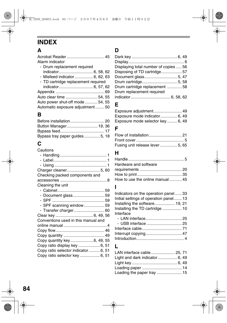84 index | Sharp AL-2030 User Manual | Page 86 / 92