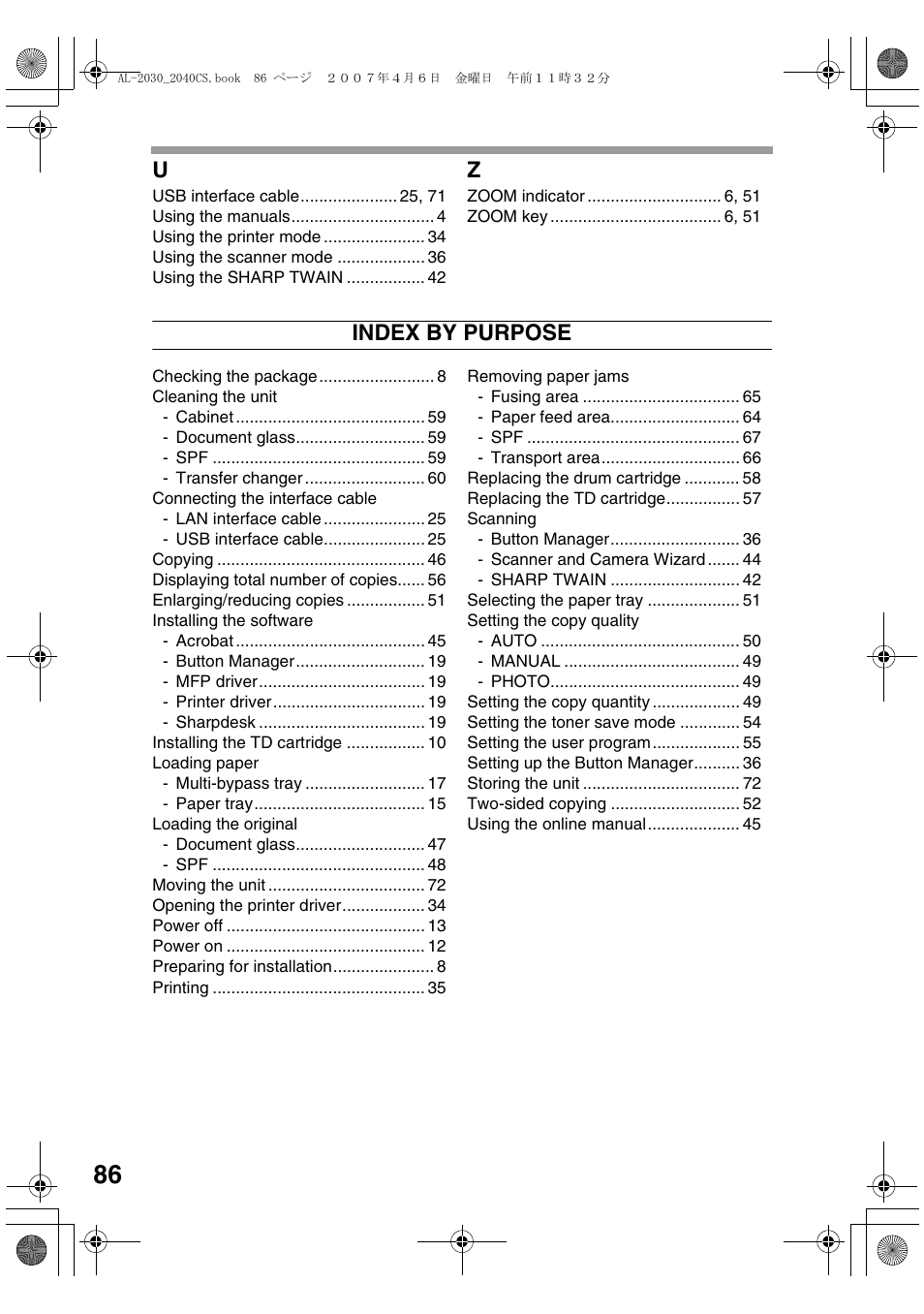 Index by purpose | Sharp AL-2030 User Manual | Page 88 / 92