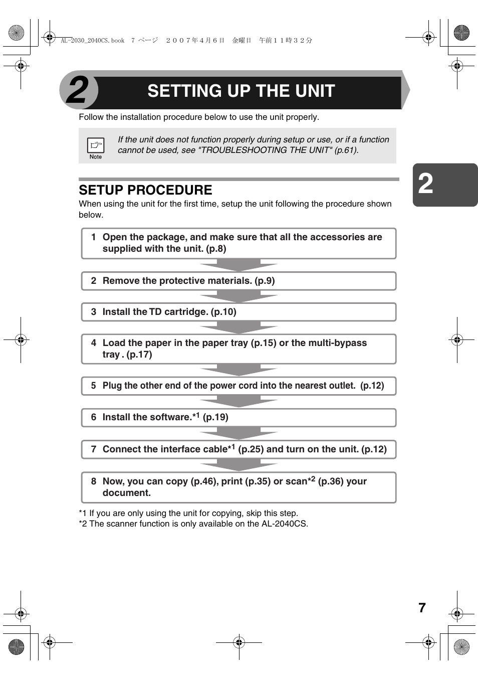 Setting up the unit, Setup procedure | Sharp AL-2030 User Manual | Page 9 / 92