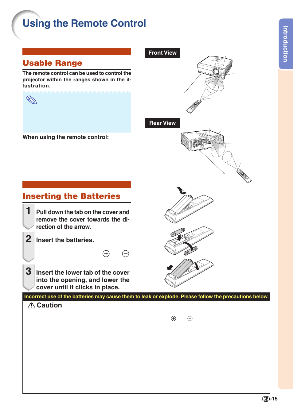 Using the remote control, Usable range, Inserting the batteries | Usable range inserting the batteries, Caution, Introduction, Insert the batteries | Sharp PJLINK XG-C435X-L User Manual | Page 17 / 73