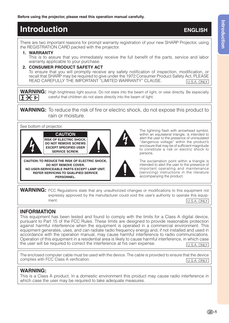 Introduction, Intr, Oduction | English, Warning, Information | Sharp PJLINK XG-C435X-L User Manual | Page 3 / 73