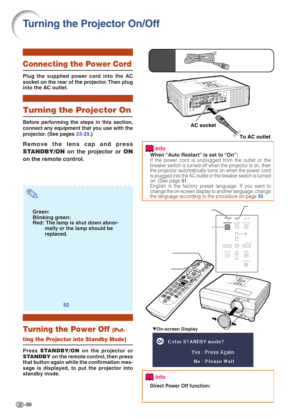 Basic operation, Turning the projector on/off, Connecting the power cord | Turning the projector on, Standby mode), Turning the power off | Sharp PJLINK XG-C435X-L User Manual | Page 32 / 73