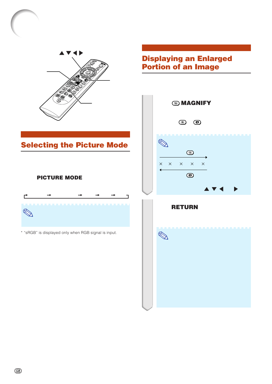 Selecting the picture mode, Displaying an enlarged portion of an image, E/reduce) | Image projection | Sharp PJLINK XG-C435X-L User Manual | Page 38 / 73