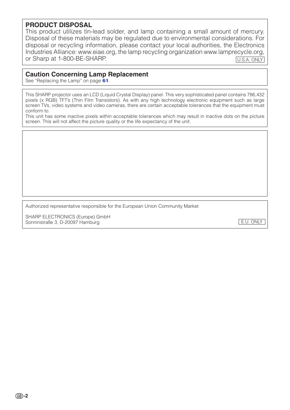 Product disposal, Caution concerning lamp replacement | Sharp PJLINK XG-C435X-L User Manual | Page 4 / 73