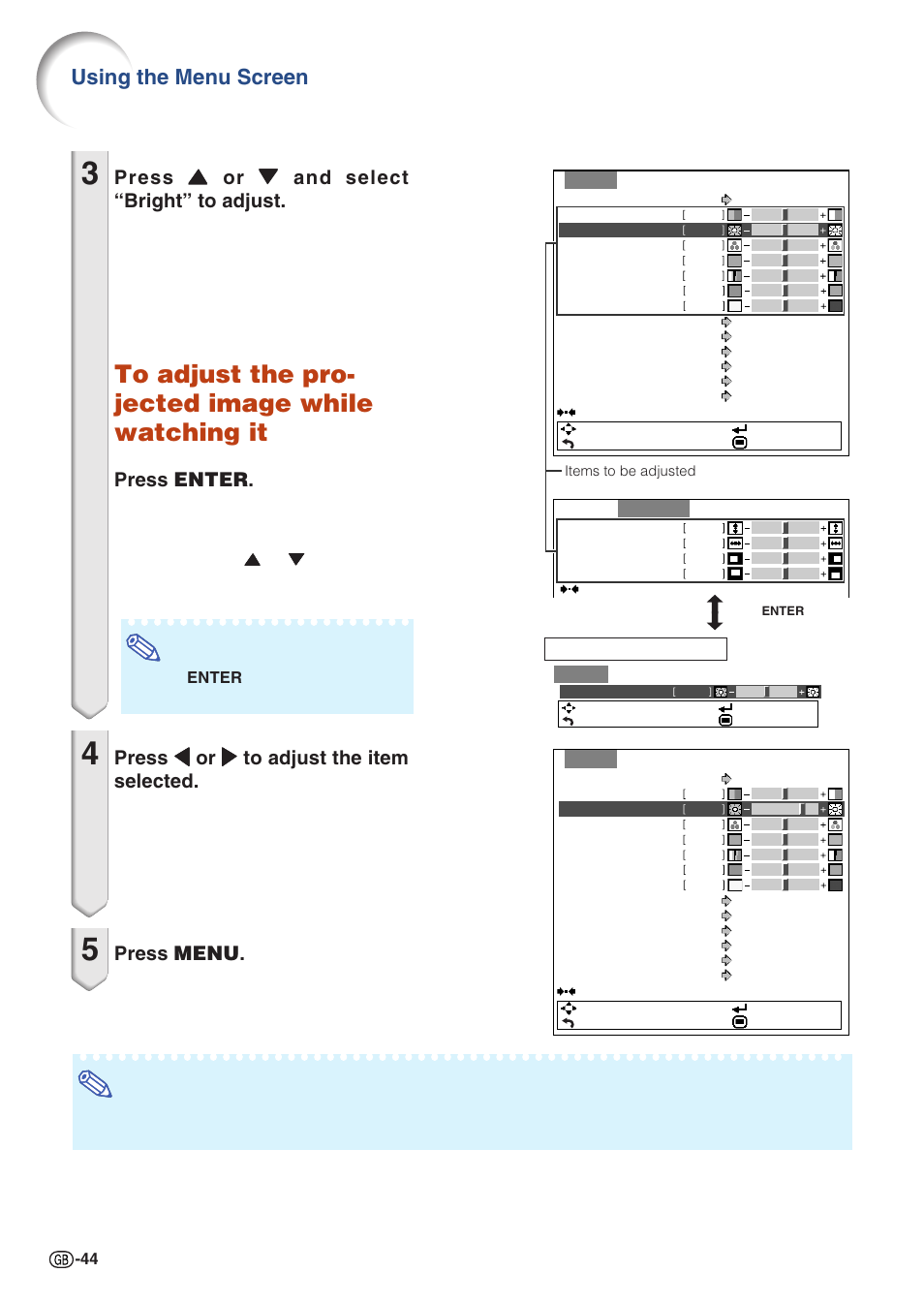 Using the menu screen, Press enter, Press menu | Sharp PJLINK XG-C435X-L User Manual | Page 46 / 73