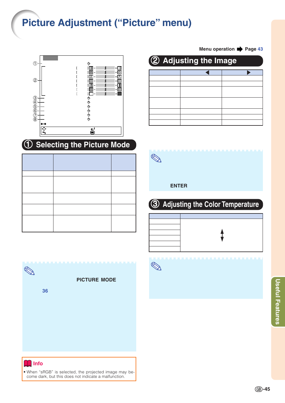 Picture adjustment (“picture” menu), Selecting the picture mode, Adjusting the image | Adjusting the color temperature, 11 selecting the picture mode, 22 adjusting the image, 33 adjusting the color temperature, Useful features | Sharp PJLINK XG-C435X-L User Manual | Page 47 / 73