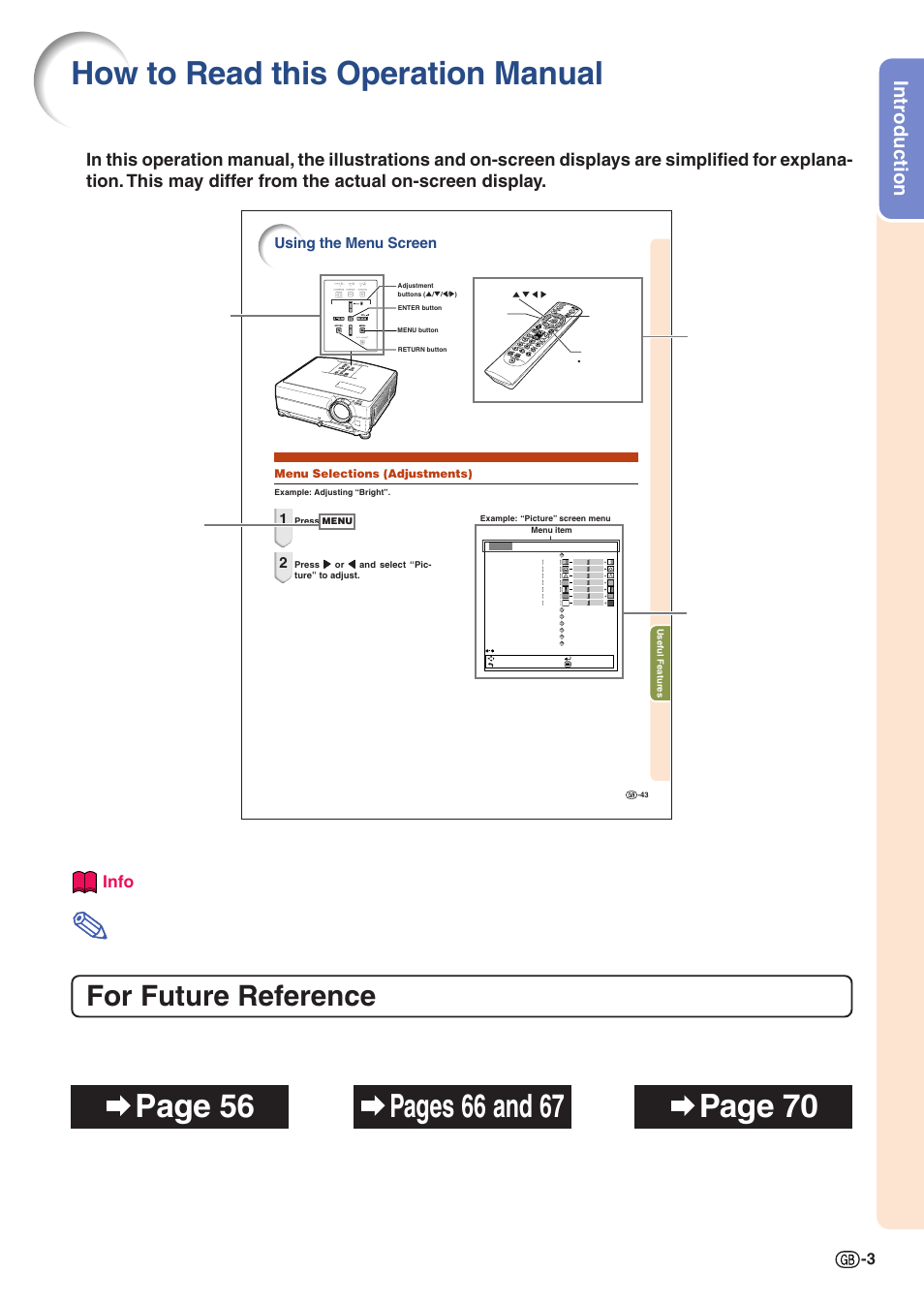 How to read this operation manual, For future reference, Maintenance troubleshooting index | Introduction, On-screen display button used in this step, Buttons used in this operation, Info, Indicates safeguards when using the projector, Using the menu screen | Sharp PJLINK XG-C435X-L User Manual | Page 5 / 73