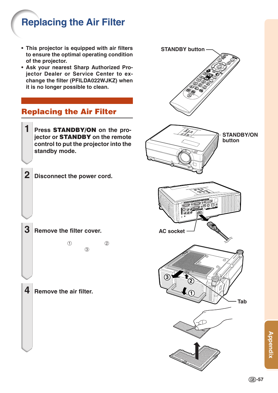 Replacing the air filter | Sharp PJLINK XG-C435X-L User Manual | Page 59 / 73