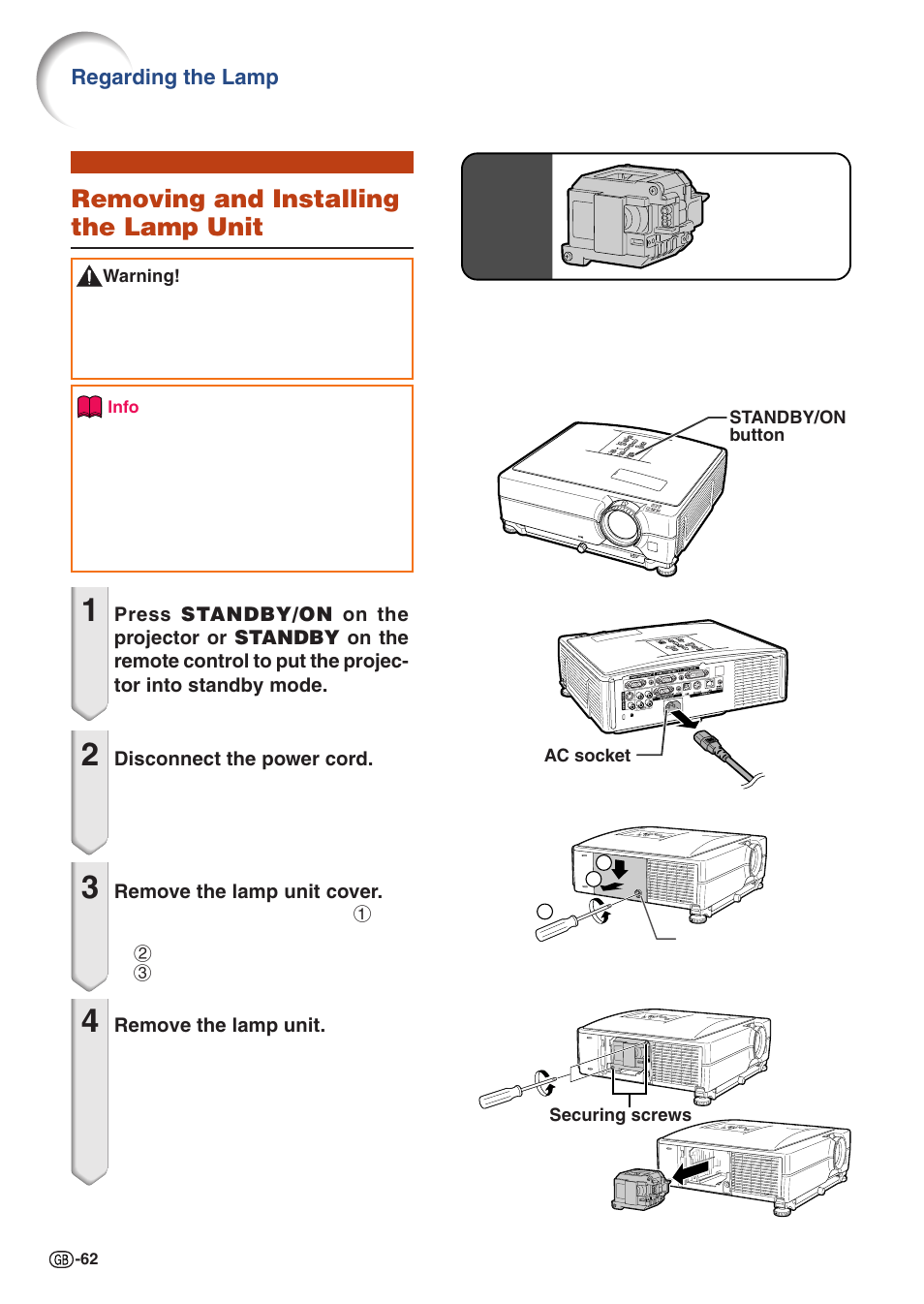 Removing and installing the lamp unit, Regarding the lamp | Sharp PJLINK XG-C435X-L User Manual | Page 64 / 73