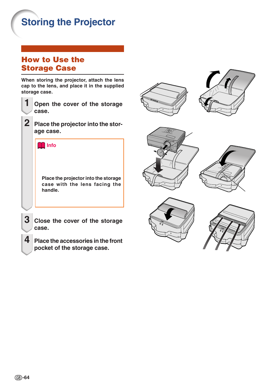 Storing the projector, How to use the storage case | Sharp PJLINK XG-C435X-L User Manual | Page 66 / 73